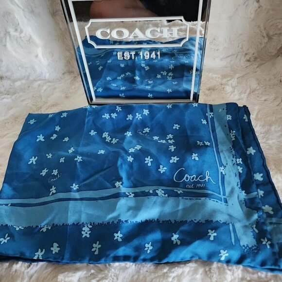 NWOT Coach 100% Silk Blue Floral Scarf - Picture 1 of 5